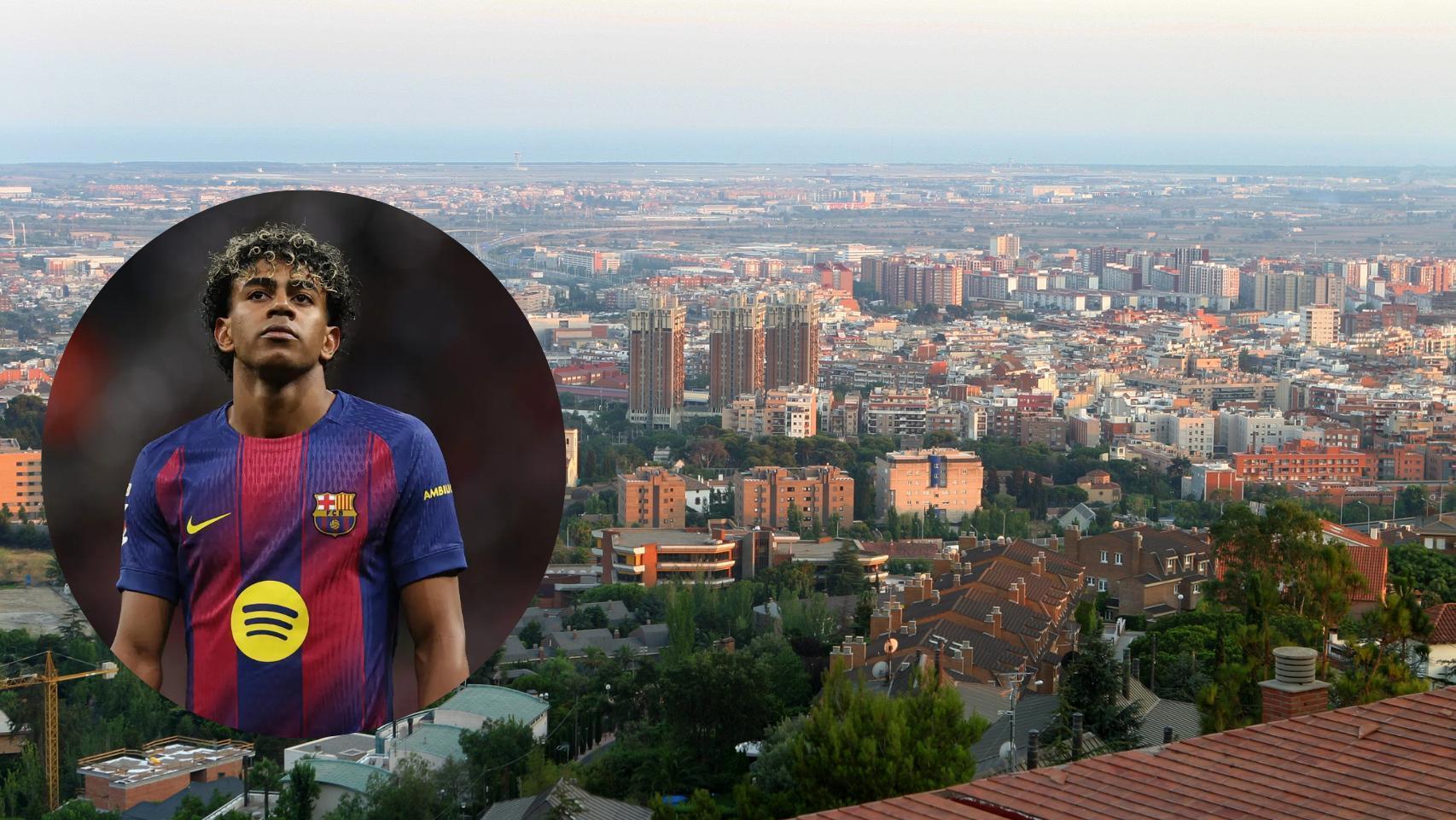 Montaje de Lamine Yamal (Reuters) con una panorámica de Esplugues de Llobregat (Ayuntamiento).