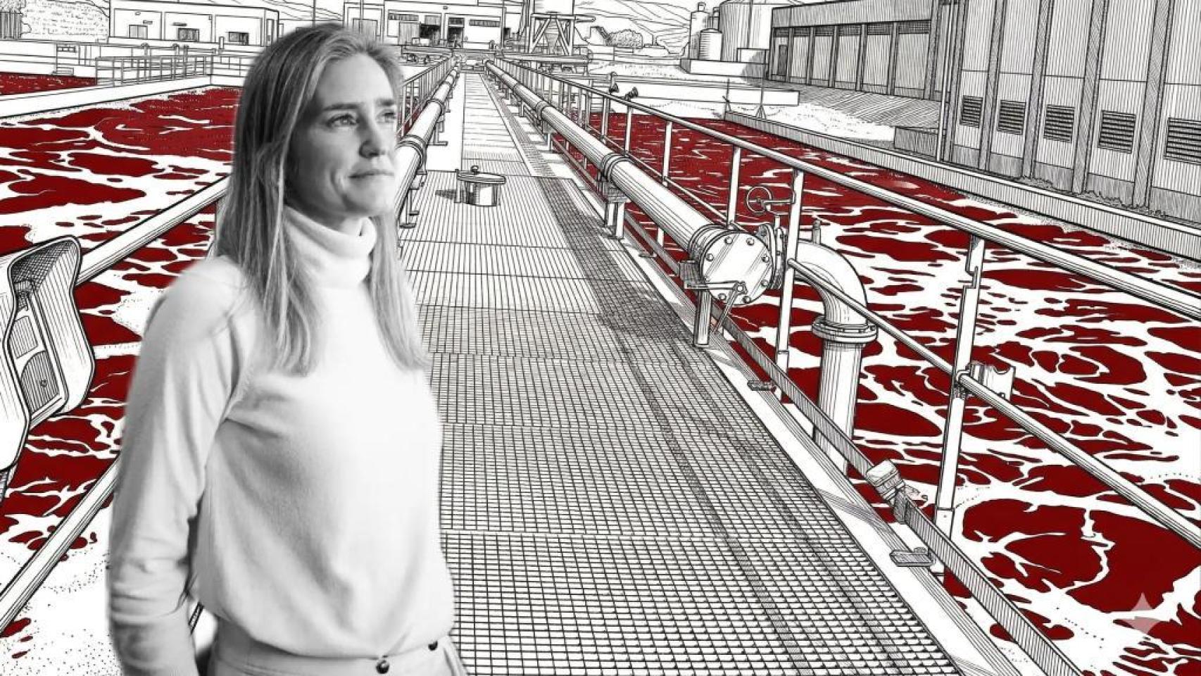 La vicepresidenta tercera del Gobierno, Sara Aagesen sobre una ilustración del EDAR Rincón de León de Alicante.
