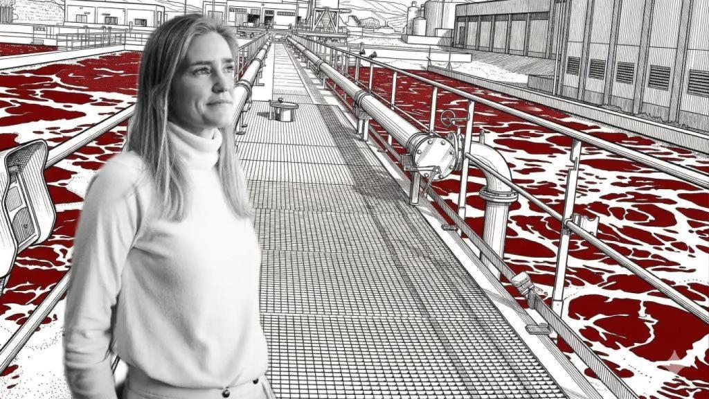 La vicepresidenta tercera del Gobierno, Sara Aagesen sobre una ilustración del EDAR Rincón de León de Alicante.