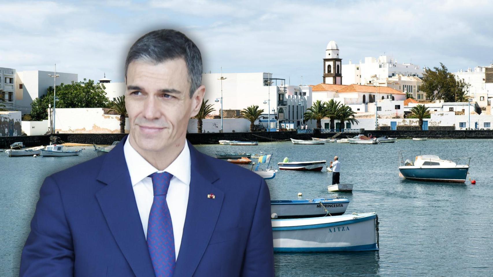 Pedro Sánchez y La Mareta de Lanzarote en un montaje de JALEOS.
