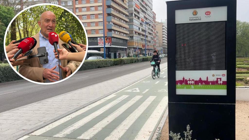 Imagen compartida por el PSOE del aforador estropeado y, en el círculo, Jesús Julio Carnero este jueves ante los medios.