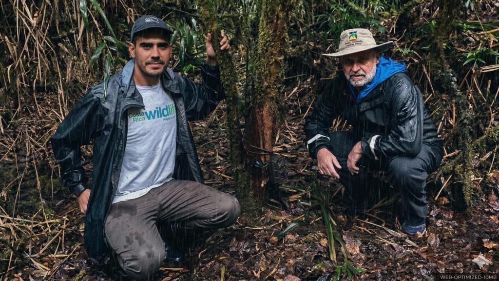 Esteban Brenes-Mora y Carlos Manuel Rodríguez instalan una cámara trampa en el Parque Nacional Los Quetzales, Costa Rica.