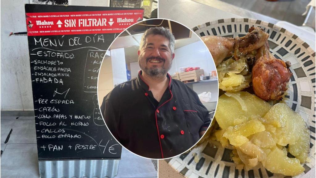 Montaje del cartel del menú a 4 euros, un plato y Cristóbal, el propietario.