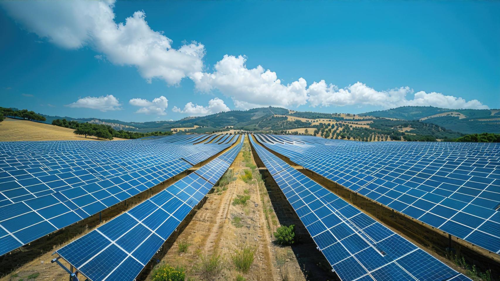 Los paneles solares cubren un vasto lote de tierra en una llanura inclinada con montañas en el fondo.