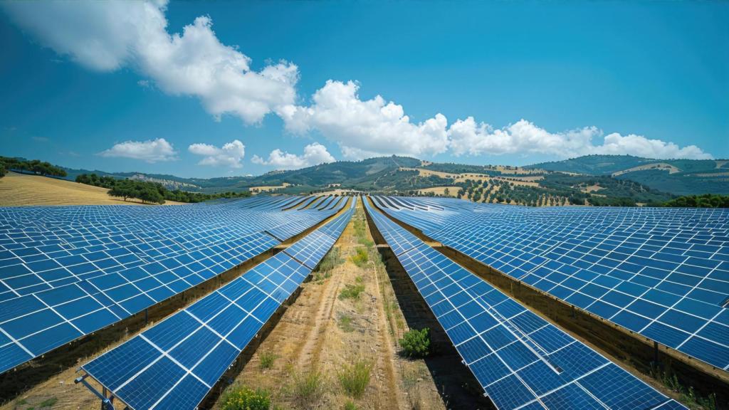 Los paneles solares cubren un vasto lote de tierra en una llanura inclinada con montañas en el fondo.