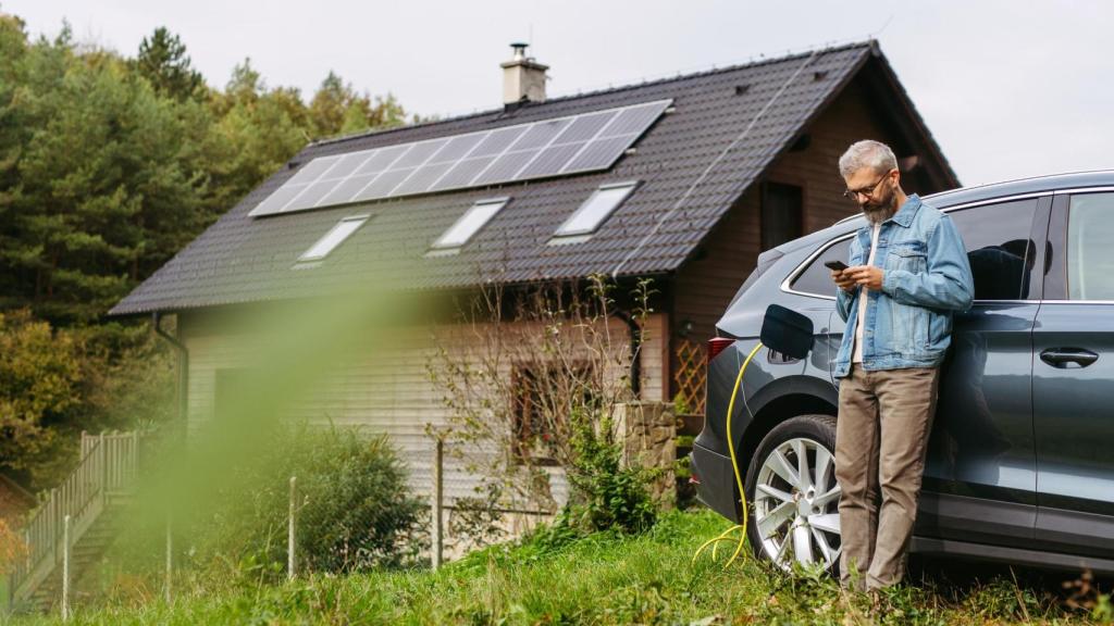 Hombre cargando coche eléctrico frente a su casa con sistema de paneles solares en el techo detrás de él.