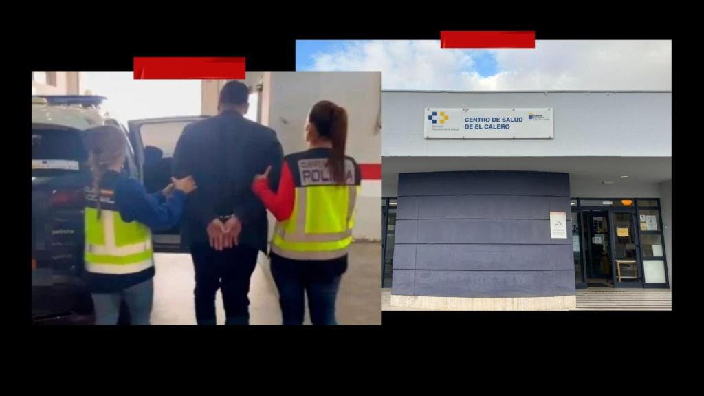 El médico de familia decía trabajar en una clínica estética. Cuenta con antecedentes previos por delitos similares, pero fueron archivados. En la imagen y en el lado izquierdo, Rigoberto F. M. junto a los agentes policiales; a la derecha, el centro de salud de El Calero (Telde).