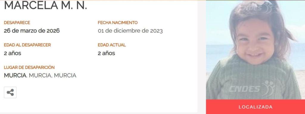 El Centro Nacional de Desaparecidos ha confirmado que Marcela está localizada.