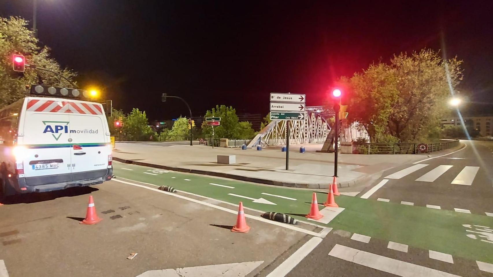Un carril bici de Zaragoza en obras.