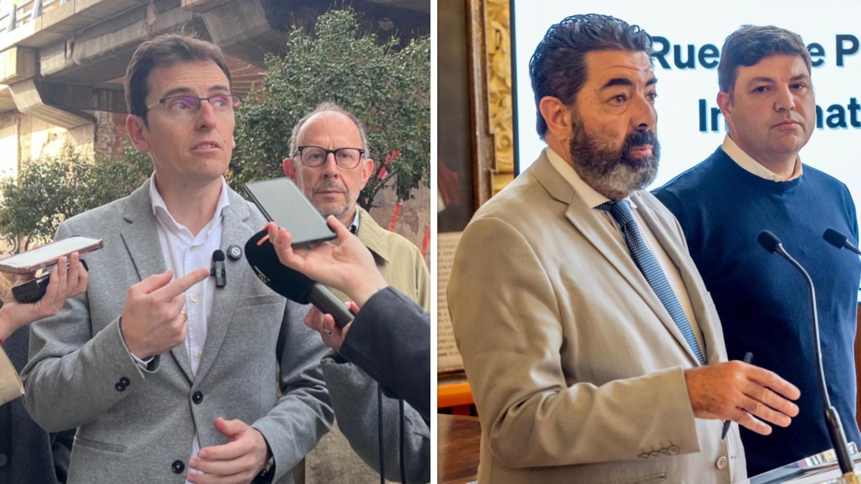 A la izquierda, el portavoz del PSOE, Pedro Herrero, y a la derecha, ante los micros, el concejal de Tráfico y Movilidad Sostenible, Alberto Gutiérrez Alberca, ambos este viernes en sendas ruedas de prensa