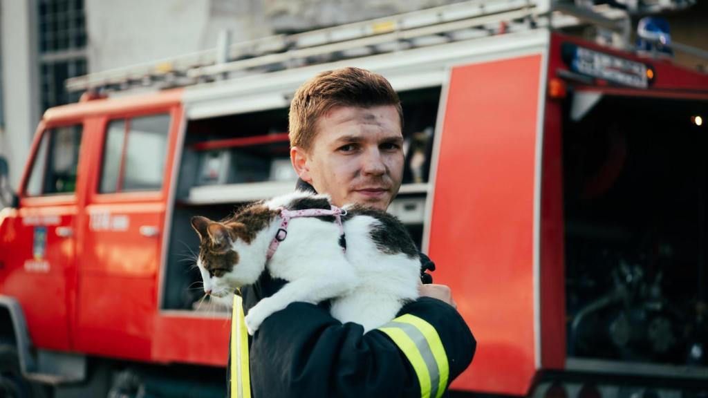 Bombero con gato.