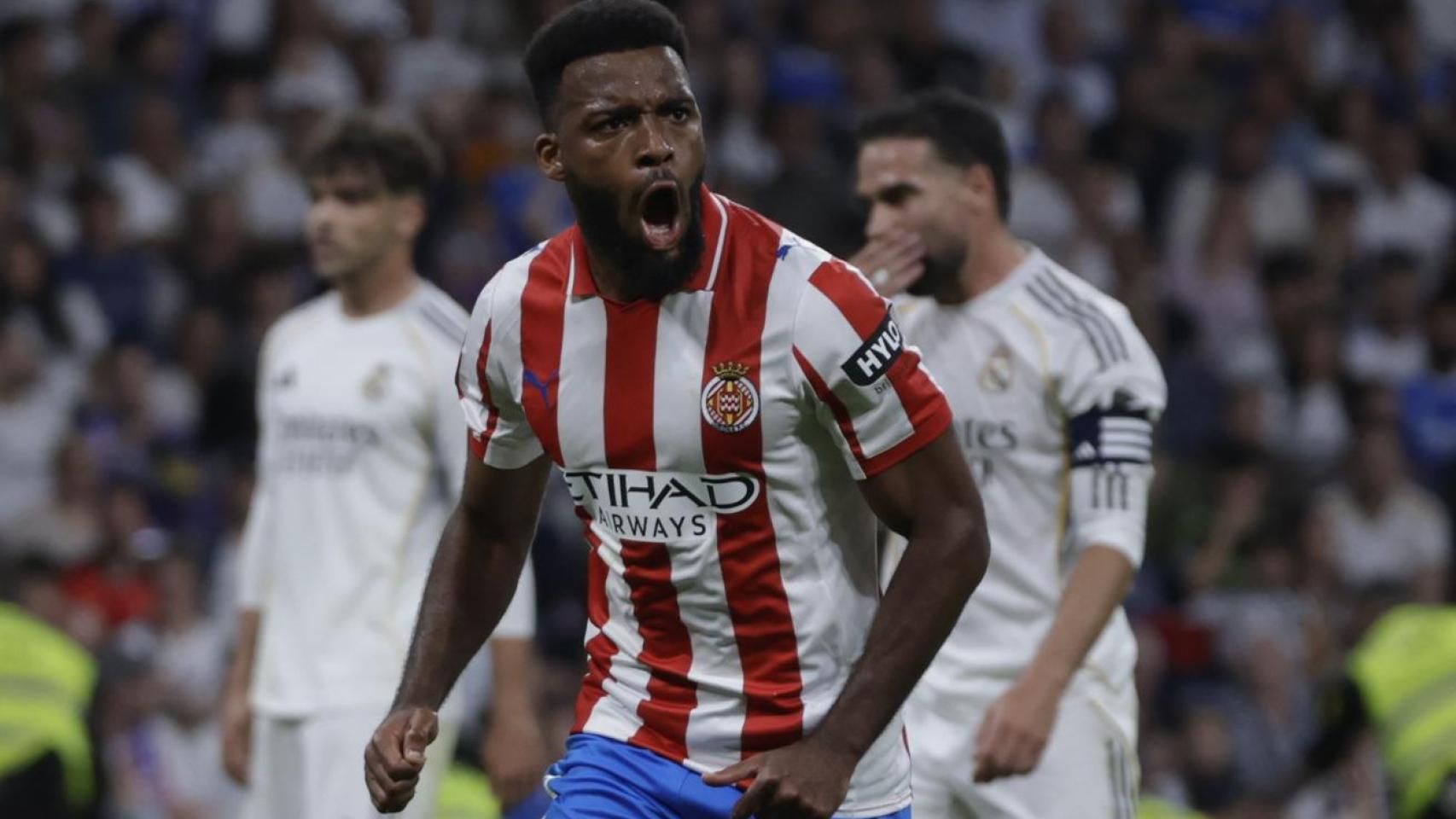 Lemar celebra su gol para el Girona en el Santiago Bernabéu.