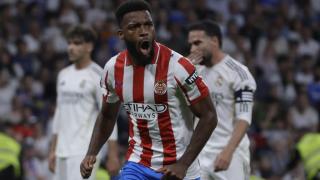 Lemar celebra su gol con el Girona en el Santiago Bernabéu.