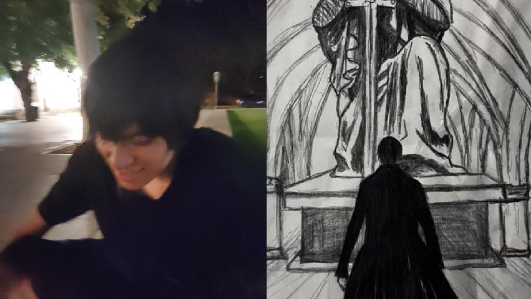 Julio, detenido por la Guardia Civil como asesino de David, junto a uno de los dibujos que hacía, representándose a sí mismo supuestamente como versión de 'El Conde de Montecristo', frente a la figura de un ángel castigador.