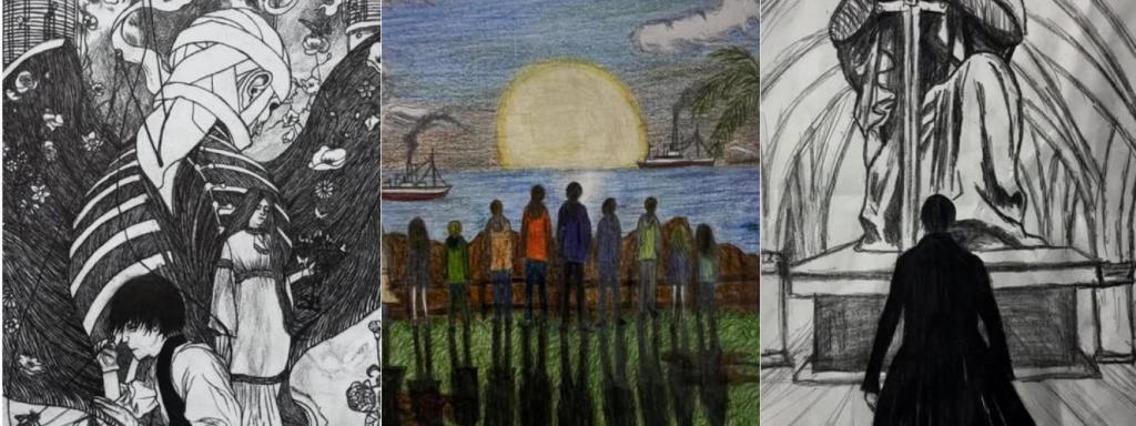 Dibujos de Julio. El primero, sobre Frankenstein, el segundo, un grupo de niños con Julito en el centro, y el tercero, 'El Conde de Montecristo' frente a un ángel castigador.