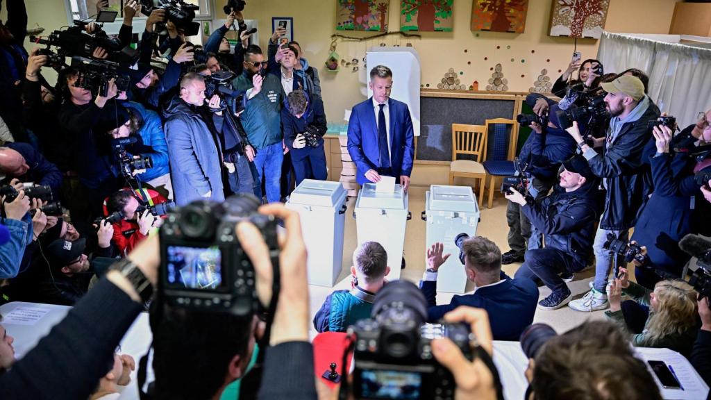 Peter Magyar, leader of the Tisza opposition party, casts his vote during the Hungarian parliamentary elections in Budapest, Hungary, on April 12, 2026.