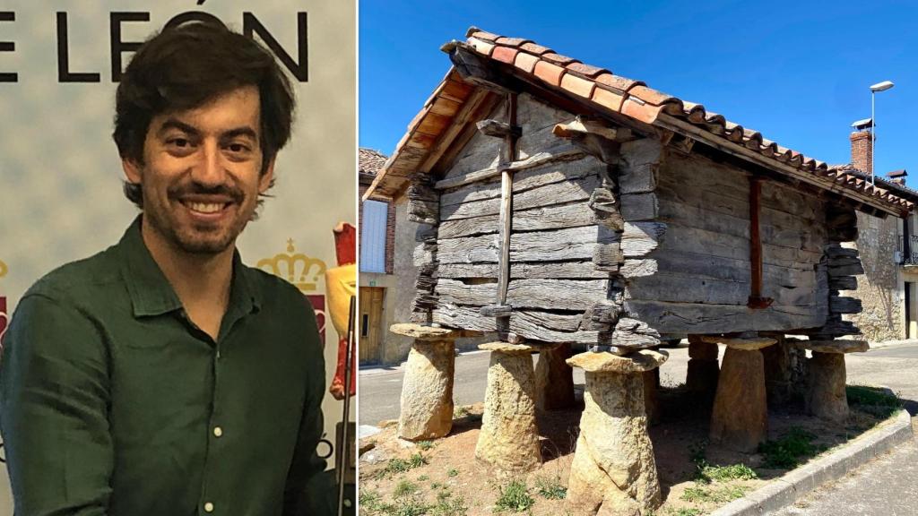 El presidente de la Asociación de Amigos de los Hórreos Leoneses, Pablo López Presa, y el hórreo más antiguo de España, en la localidad leonesa de Las Bodas, en un montaje de EL ESPAÑOL