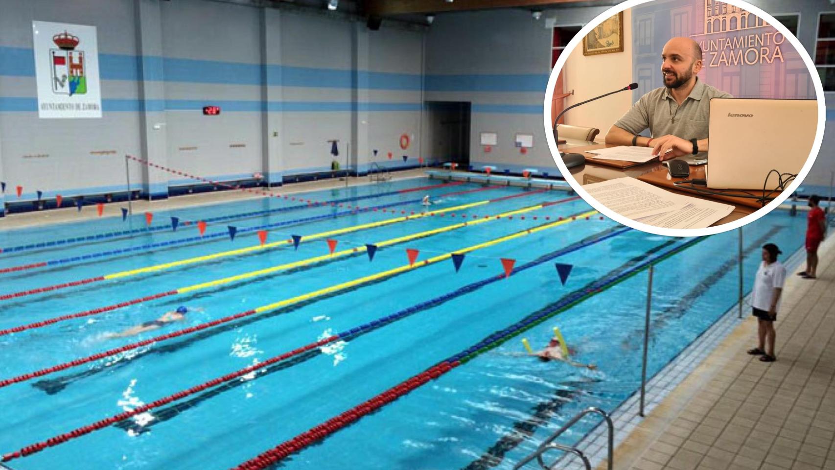 Imagen de la piscina climatizada Los Almendros de Zamora y el concejal de Deportes.