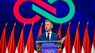 Peter Magyar gives a press conference a day after the parliamentary elections in Budapest.