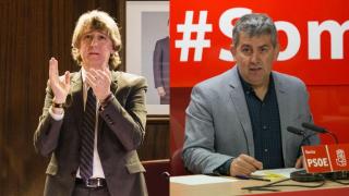 Carlos Martínez, en su despedida en el pleno del Ayuntamiento de Soria, este lunes. A la derecha, su sucesor, Javier Antón