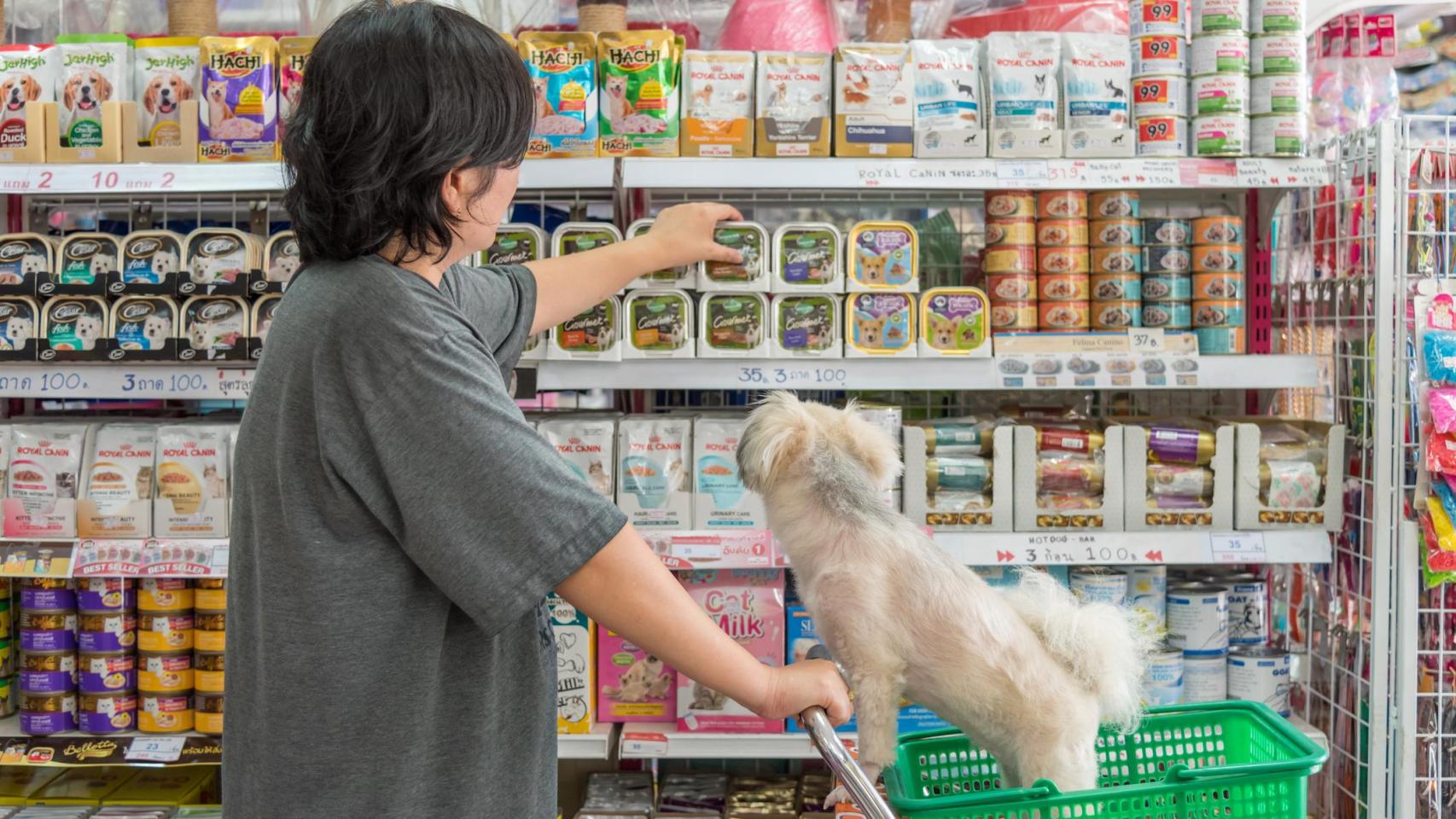 Un chico con un perro en un supermercado.