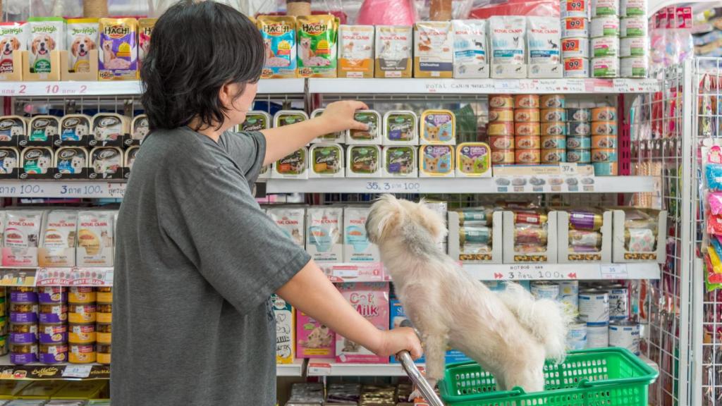 Un chico con un perro en un supermercado.
