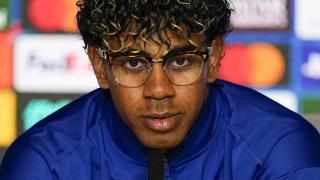 Lamine Yamal, at a press conference with FC Barcelona