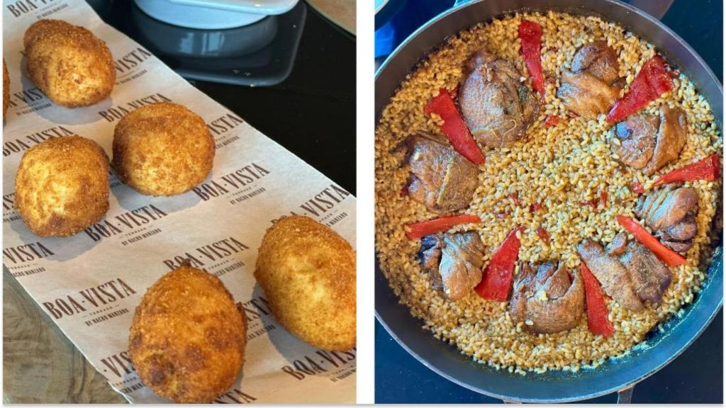 Croquetas de jamón y arroz con pitu, con el sello de Casa Marcial.