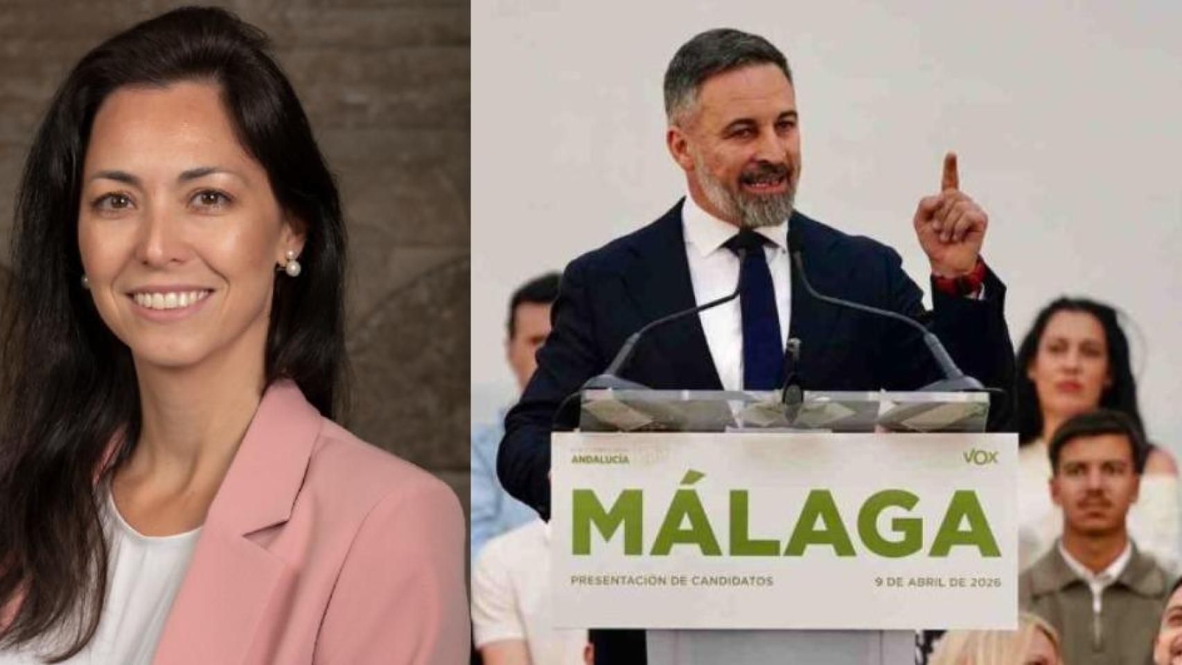 La diputada Virginia Martínez, junto a una imagen de Santiago Abascal en un acto de Vox en Málaga.