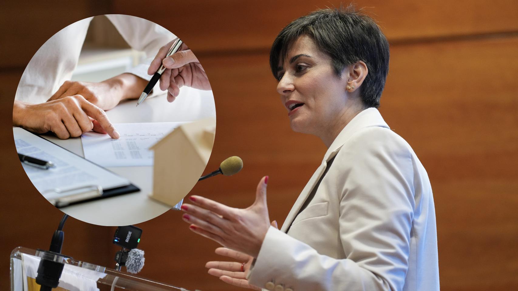 Montaje de Isabel Rodríguez, ministra de Vivienda (David Zorrakino / Europa Press), con la firma de una hipoteca (Freepik).