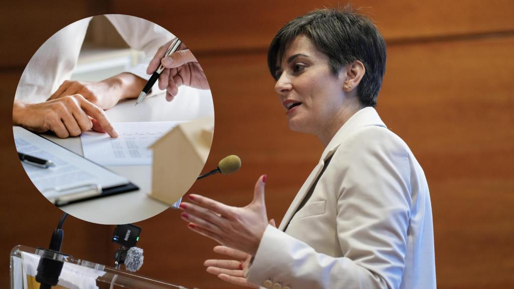 Montaje de Isabel Rodríguez, ministra de Vivienda (David Zorrakino / Europa Press), con la firma de una hipoteca (Freepik).
