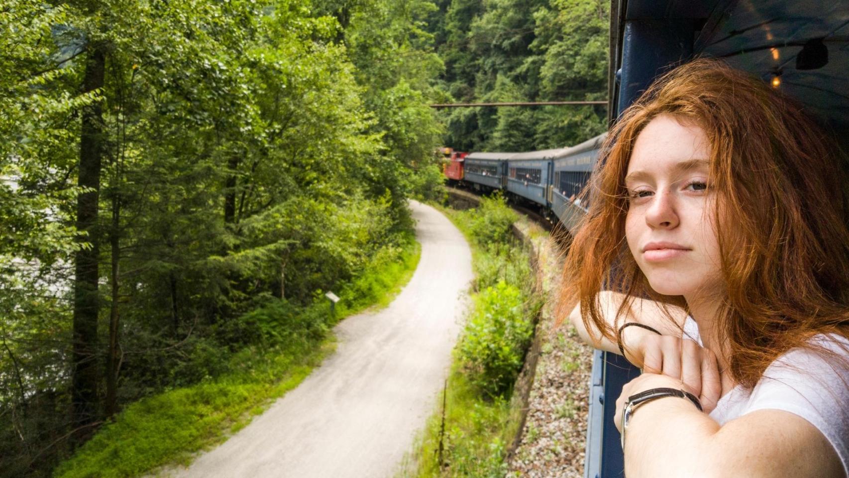 Una chica joven en un tren.