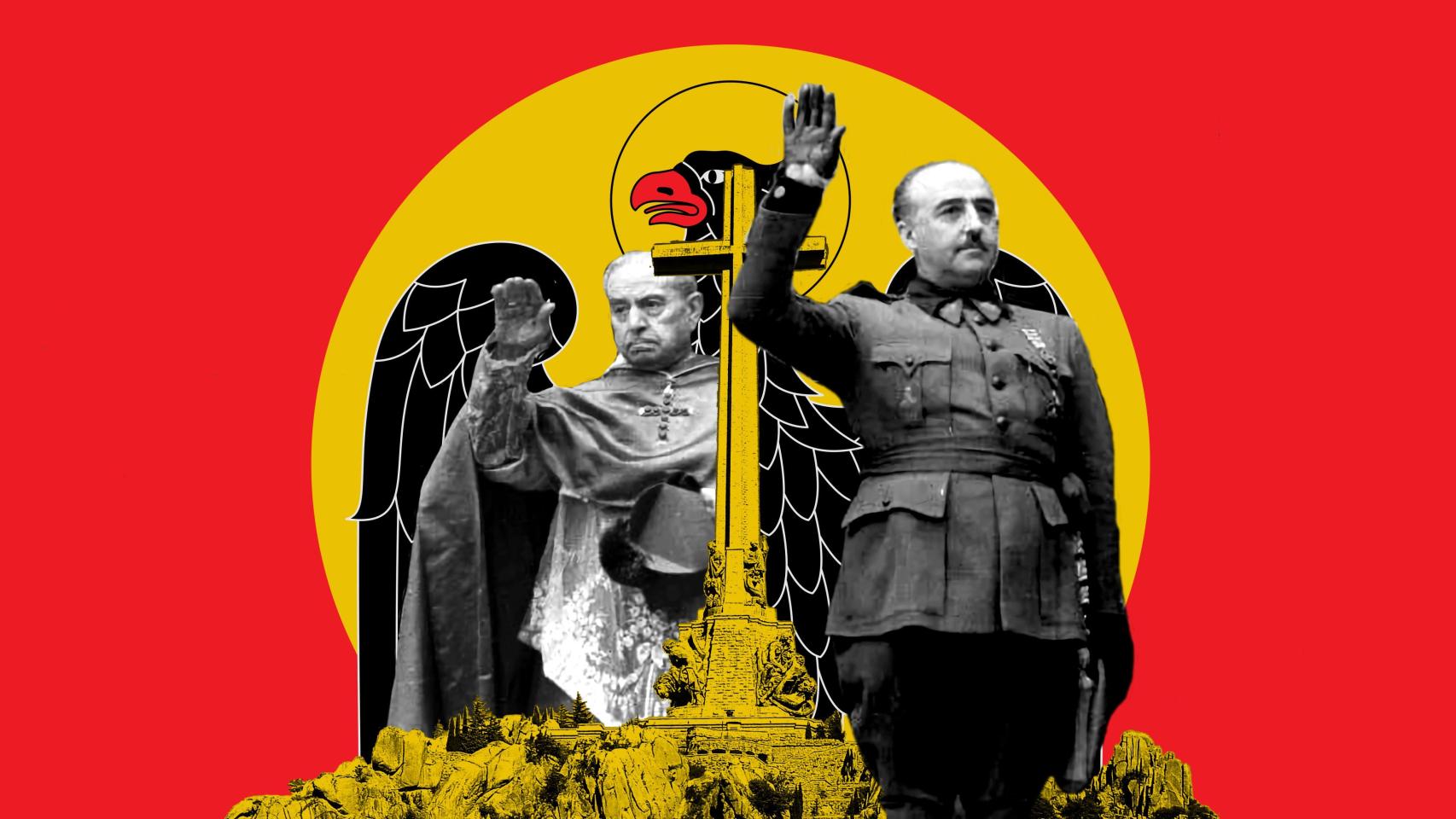 Francisco Franco y el arzobispo Manuel de Castro Alonso saludan brazo en alto desde la catedral de Burgos, en 1938. Diseño: Rubén Vique