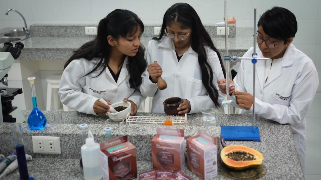 Las estudiantes que han desarrollado el proyecto trabajando en el laboratorio de la Universidad Privada Franz Tamayo (Unifranz).