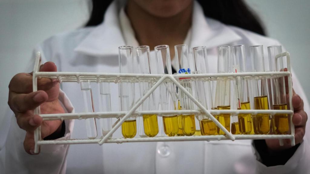 Una estudiante sostiene tubos de ensayo en un laboratorio de la Universidad Franz Tamayo, en El Alto (Bolivia).