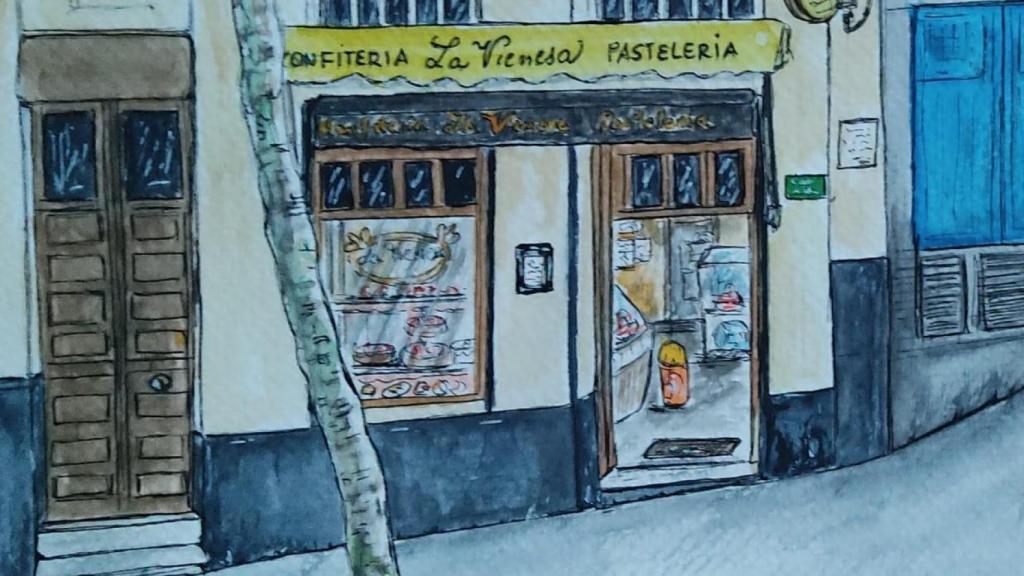 Dibujo del local de la pastelería La Vienesa hecho por Engracia Peral.