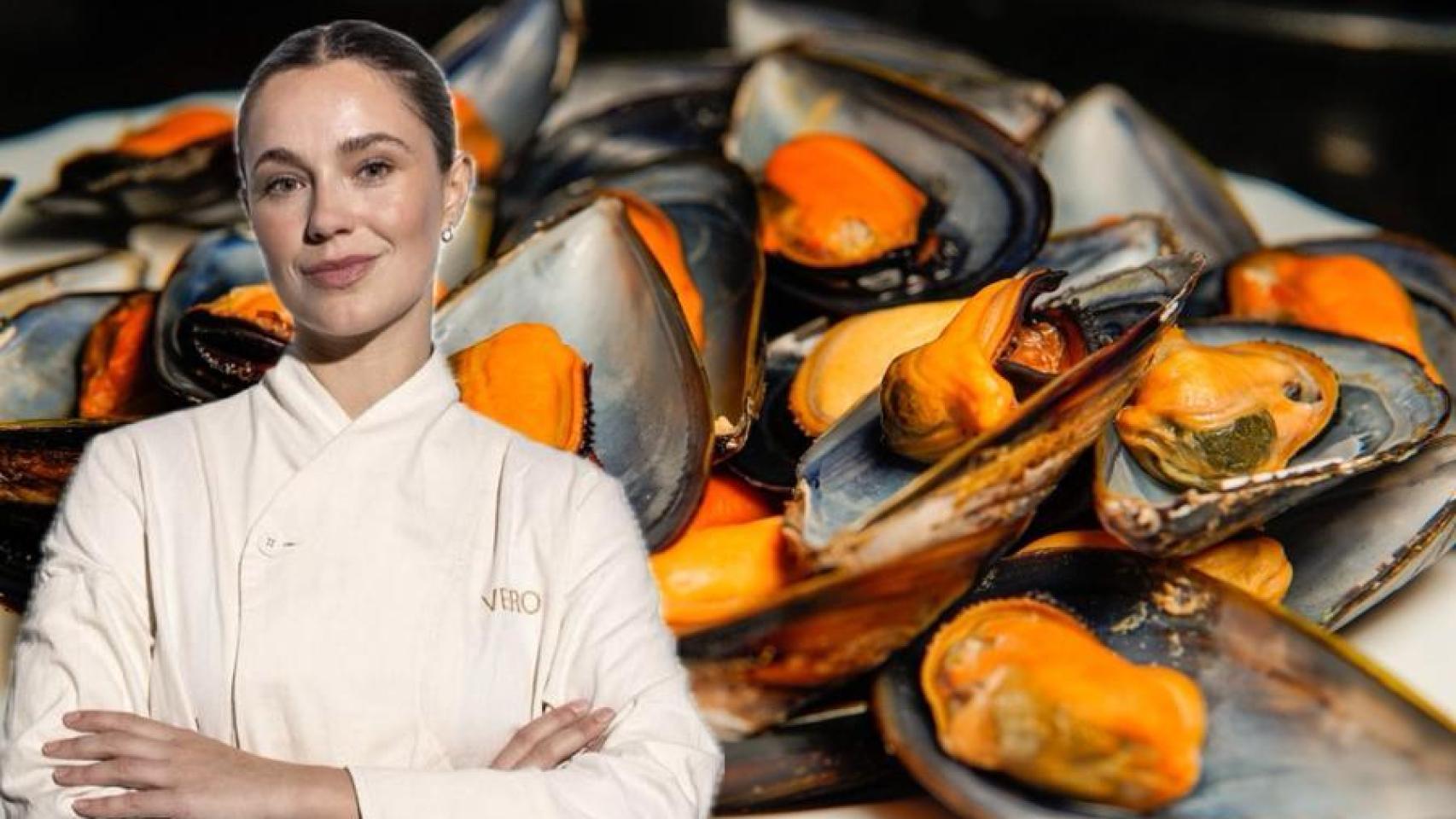 Vero Gómez junto a unos mejillones.