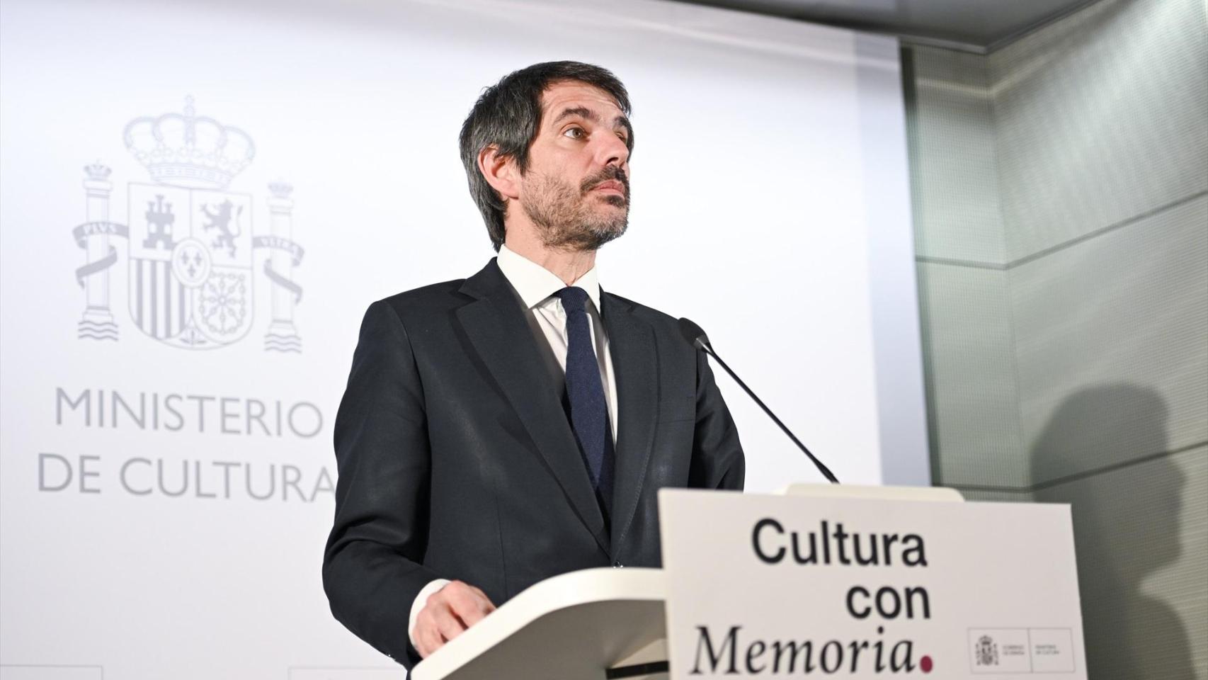 El ministro de Cultura, Ernest Urtasun, anuncia los avances para la extinción de la Fundación Nacional Francisco Franco, a 14 de abril de 2026, en Madrid.