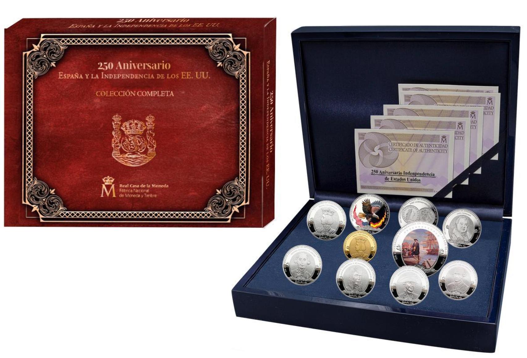 Estuche de monedas conmemorativas en plata y oro emitidas este año con el motivo '250 aniversario. España y la Independencia de los Estados Unidos de América'