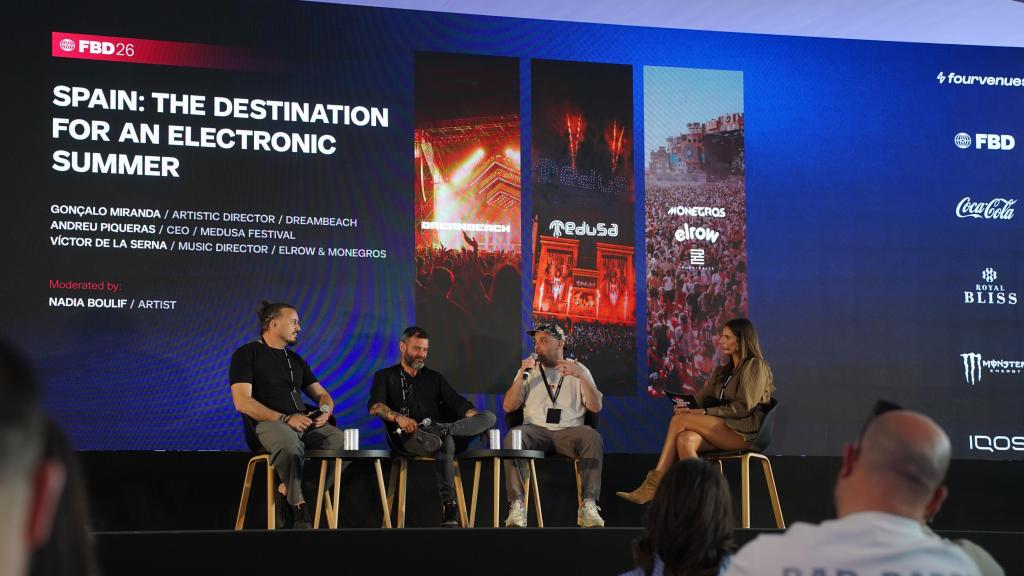 Andreu Piqueras (Medusa), Gonçalo Miranda (Dreambeach) y Víctor de la Serna (Elrow y Monegros), en el Fun Business Day 2026.