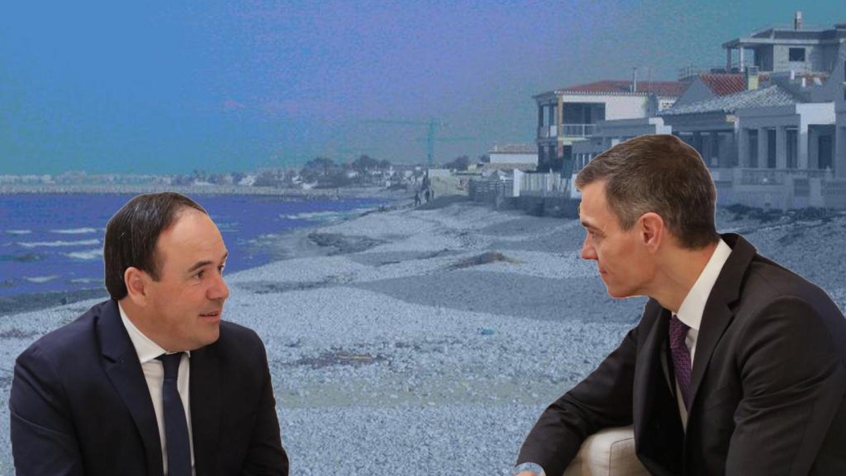 El presidente de la Generalitat, Juanfran Pérez Llorca y el presidente del Gobierno, Pedro Sánchez, sobre una imagen de la costa de Dénia.