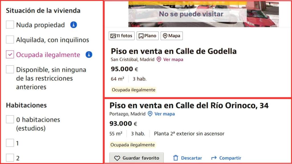 Filtro de Idealista de viviendas okupadas y dos anuncios