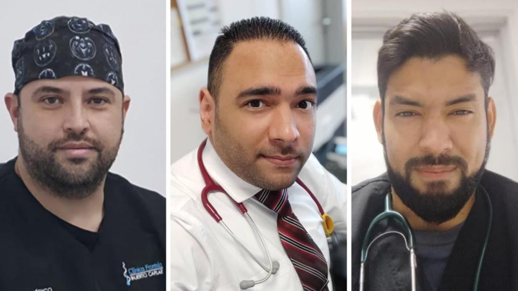 Miguel, Carlos y Maximiliano (de izq. a der.), médicos latinos que buscan un mejor futuro en España.