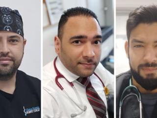 Miguel, Carlos y Maximiliano (de izq. a der.), médicos latinos que buscan un mejor futuro en España.