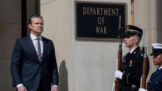 U.S. Secretary of Defense Pete Hegseth presides over an honor cordon in honor of Indonesian Defense Minister Sjafrie Sjamsoeddin at the Pentagon in Washington, DC, United States, on April 13, 2026.