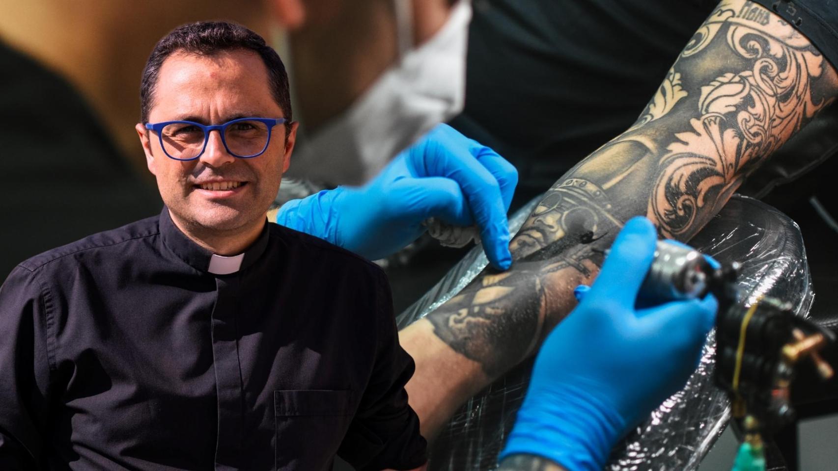 Montaje del Padre Valentín y una persona haciéndose un tatuaje.