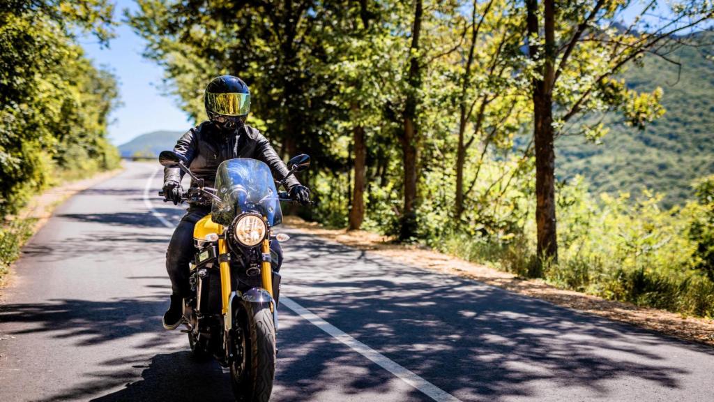 Un motociclista disfrutando del paseo por la carretera rural.