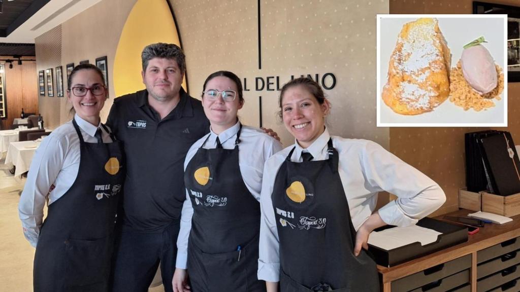 Fotomontaje con imagen de familia de parte del equipo del Mesón Restaurante El Portal del Lino y la famosa Torrija 'Manuela 1933', ganadora de la IX Edición del Concurso de Torrijas de Salamanca.