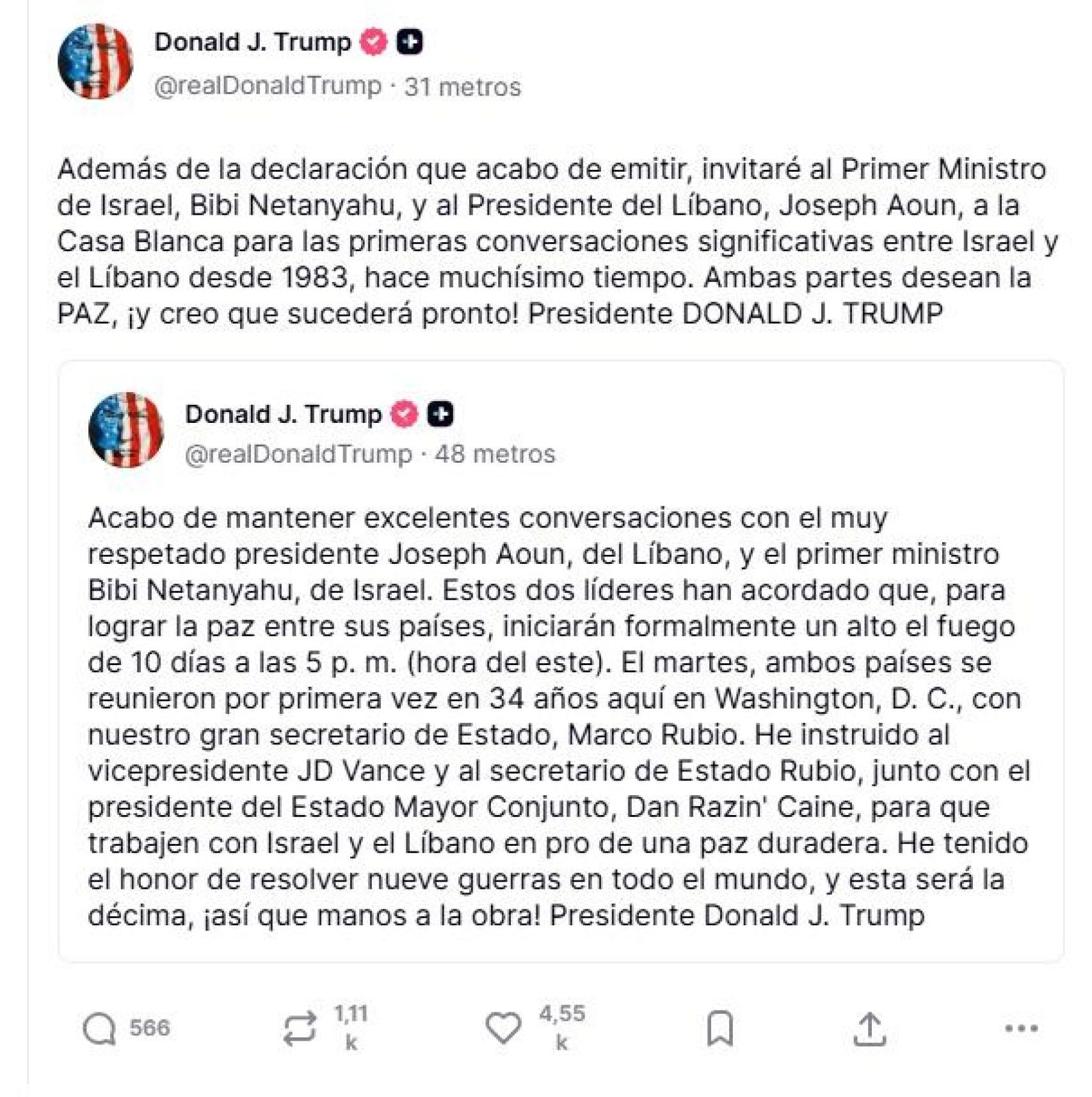 La publicación de Trump en Truth Social sobre el alto el fuego.