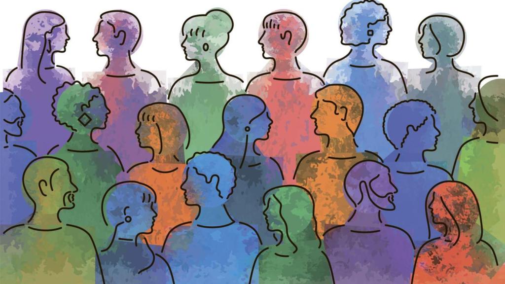 Ilustración en acuarela que representa un grupo grande de personas.